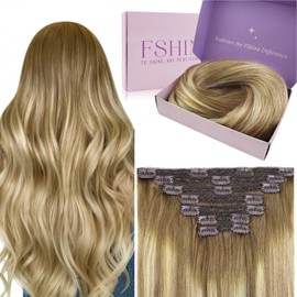 Fshine Real Hair Clip-In Extensions, Real Hair, 55 cm, 120 g, Brown to Light Brown with Medium Blonde, Clip-In Hair Extensions, Real Hair in Colour 3 8 22