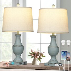 Farmhouse Table Lamps Set of 2, Rustic Touch Control Bedside Lamps with 2 USB Ports & AC Outlet, Vintage 3-Way Dimmable Nightstand Lamp Linen Fabric Shade for Living Room Bedroom End Table Decor Blue