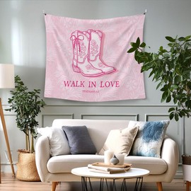 WAITPI Christian Coquette Bow Cowgirl Boots Hanging Wall Tapestry for Girly Room Bedroom, Pink Walk in Love Trendy Tapestries, Preppy Floral Wall Hanging for Teen Girls Dorm Y2k Room Decor 50x60in