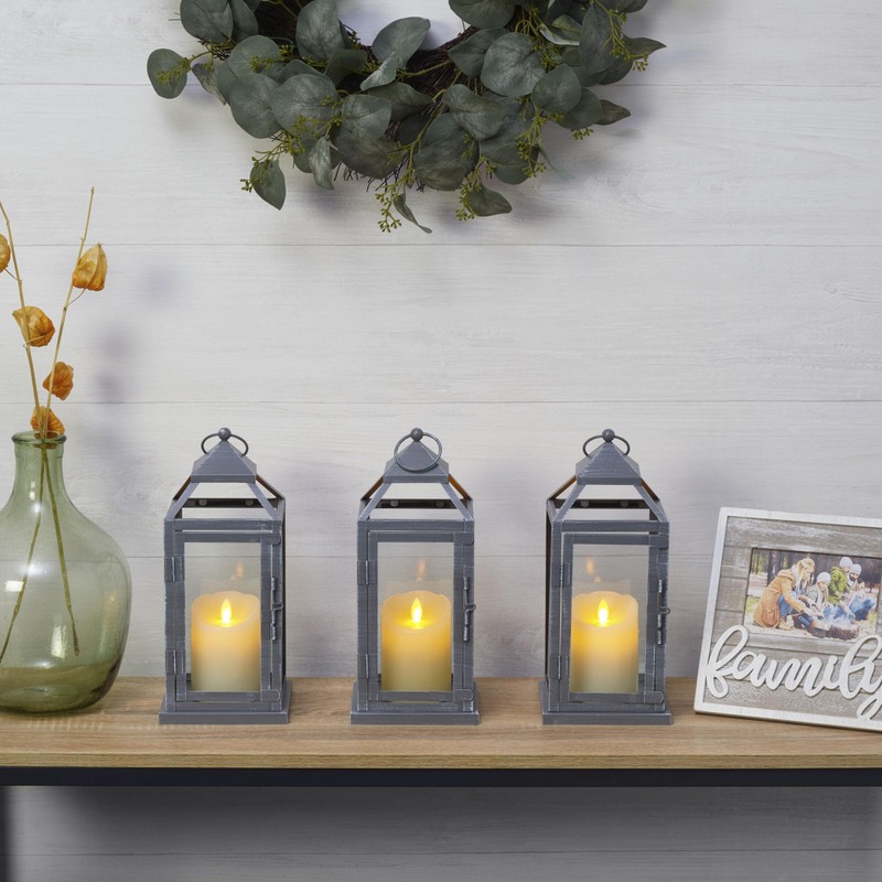 Elements Metal Lanterns with LED Candles, Set of 3, 5.2x5.2x12