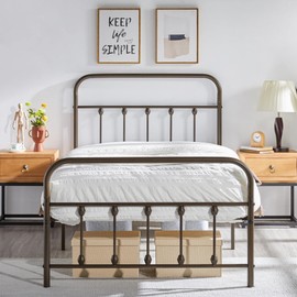 Yaheetech 2 Pcs Twin Bed Frame Metal Platform Bed with Victorian Style Iron-Art Headboard/Footboard/Under Bed Storage/No Box Spring Needed Bronze