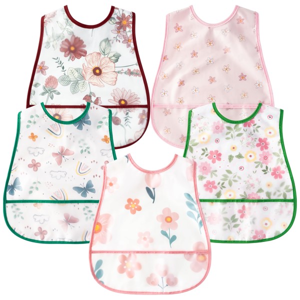 R HORSE 5Pcs Baby Bibs Set Toddler Bibs with Crumb Catcher Pocket & Adjustable Snap Button Pink Floral Waterproof Baby Feeding Bibs for Infants Baby Girls 6-24 Months