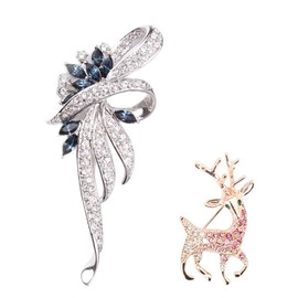 2 Pieces Crystal Brooch Pins Elegant Floral Design with Blue Stones and Rose Gold Reindeer Pin Jewelry Gift