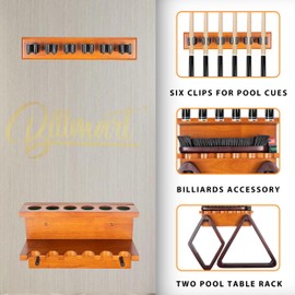 Billmart Wall Mount Pool Stick Holder - Billiards Pool Cue Rack for 6 Cues Sticks Storage Pool Table Accessories, Brown