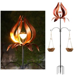 Multi-Functional Yard Wind Spinners with Solar Lights Outdoor Garden,YNGFIL Large Ornaments Outdoor with Double Shepherds Hooks and Coconut Fiber Liner Hanging Planters (83 in)