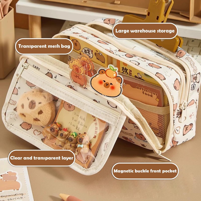 Capybara Pencil Case Multi-Layer School Set with Keychain, Stickers, Brooch,
