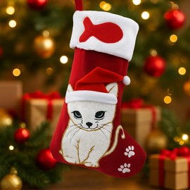 Christmas Stocking Cat Large Christmas Stockings for Cat Single Pet Christmas Stocking Embroidered Xmas Stocking Black Cat Stocking Christmas White Plush Gift Candy Bag for Home Fireplace Xmas Tree