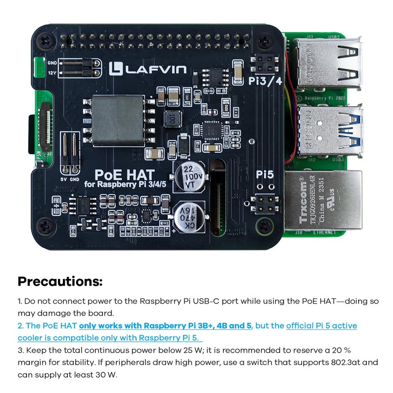 LAFVIN POE HAT for Raspberry Pi 5/4B/3B+, IEEE 802.3af/at Compliant,