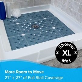 SlipX Solutions 27" Oversize Square Shower Mat, Non-Slip Mat for Elderly & Kids, 100+ Power Grip Suction Cups for Smooth Surfaces, Machine Washable, Dusty Blue