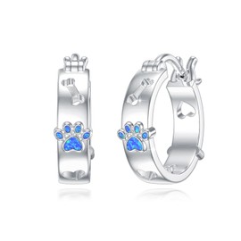 Hoop Dog Paw Earrings 925 Sterling Silver Cat Dog Paw Print Earrings Opal Animal Jewelry Gifts for Women, Sterling Silver, Sterling Silver Opal, Opal