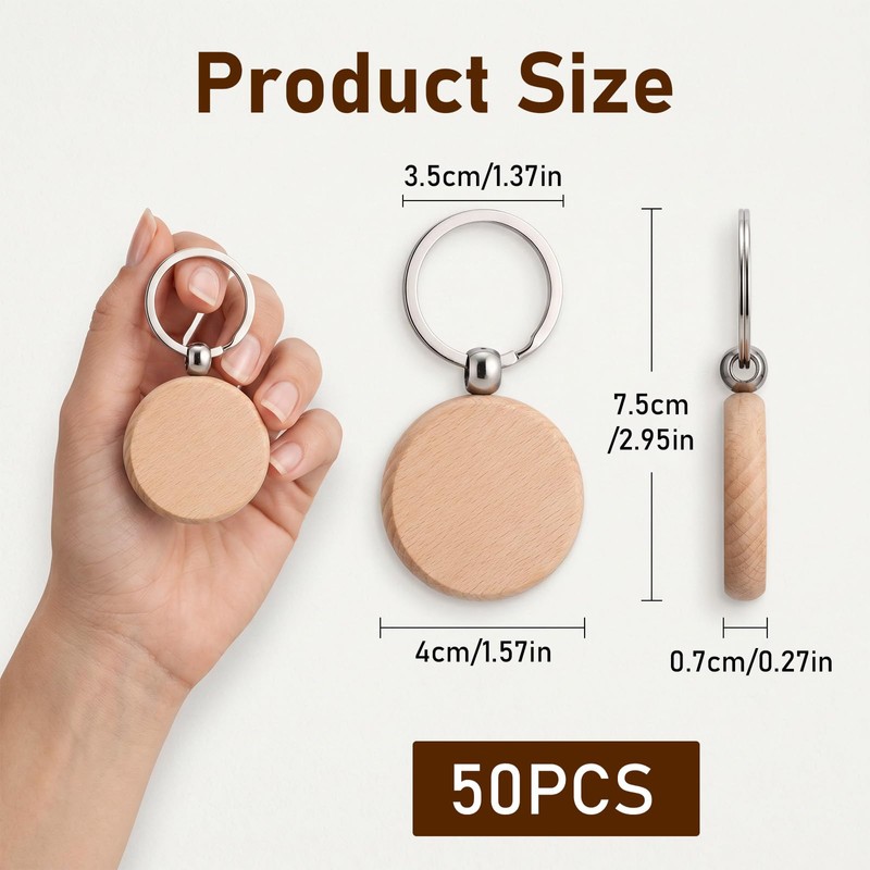 50 Pieces Wood Keychain Blanks, Unfinished Wooden Keychain Blanks for