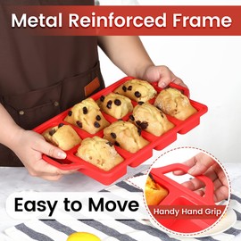 CAKETIME Mini Loaf Pans, Metal Reinforced Frame Silicone Mini Bread Loaf Pans 8 Cavities Nonstick for Baking Cornbread, Mini Bread, Mini Loaf, Brownie, Cheesecake, Chocolate 2 Pack Red