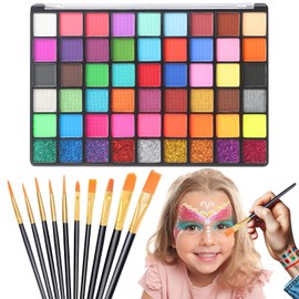Face Painting Kit for Children, 54 Colors Face Paint With 10 Pcs Brushes,Body Paint,WashableSafe & Non-Toxic Body Paint for Kids Adults Suitable for various festival makeup
