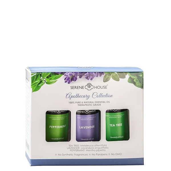 Serene House 100% Essential Oils Tea Tree Lavender Peppermint Apothecary Set (3 x15ml)