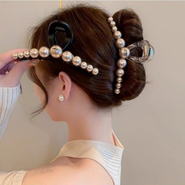 Luxurious Large Champagne Pearl Shark Clip Hairpin for Updos & Half-Up Styles (Korean Edition) Free Size / Black 20ea