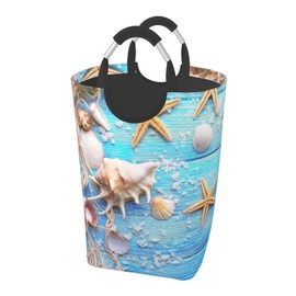 BEITUOLA Beach Wooden Starfish Laundry Basket Seashell Laundry Hamper Blue Collapsible Laundry Baskets with Handle Laundry Bag Dirty Clothes Hamper for Dorm Family Bathroom Decor Storage 50L