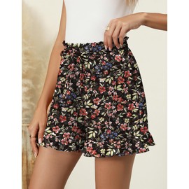 IECCP Women's Shorts Summer Casual Elastic Waist Drawstring Shorts Flowy Cute Pleated Ruffle Short Pants Black Red Floral L