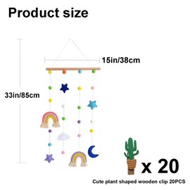 Qaoliffa Cute Rainbow Hanging Photo Display Decor,Pictures Cards Holder with 20 Cactus Shaped Wooden Clip,Wall Art for Christmas Children's Room Living Room Bedroom Dorm Decor