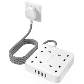 LENCENT LENCENT Extension Lead with 4 Way Outlets, 3250W 13A Power Strip, 1.8M Braided Extension Cord, 1 USB-C and 3 USB Slots, Multi Power Plug Extension for Home and Office, White