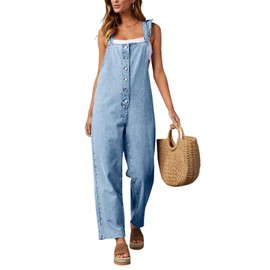 Tongmingyun Women's Loose Denim Overalls Jumpsuits Ruffle Sleeve Button Down Straight Leg Jeans Long Rompers