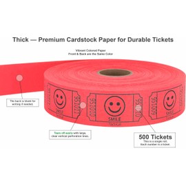 Tacticai 500 Raffle Tickets, Smile, Red (8 Color Selection), Single Roll, Ticket for Events, Entry, Class Reward, Fundraiser & Prizes
