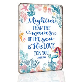 Hesanqian Vintage Metal Tin Sign"Mightier Than the Waves of the Sea Is His Love for You, Psalm 93:4", Christian Inspirational Vintage Bible Verse Scripture Wall and Home Decor Poster, 8x12 inch