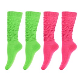 2 Pairs Women Slouch Socks 80s Neon Extra Long Scrunch Socks Slouch Knee Thick High Socks Knit Boot Socks Size 9 to 11 (Fluorescent Green & Rose)