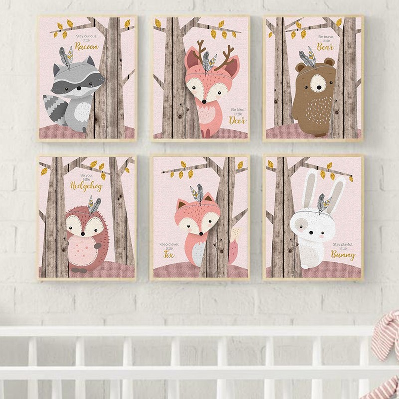 6Pcs 30x21cm Cute Cartoon Animal Pattern Canvas Painting Wall Art