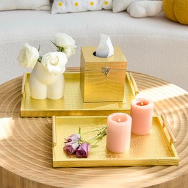 MACVAD Set of 2 Modern Elegant Large Wood Serving Tray, Rectangle Decorative Tray Ottoman Tay Coffee Table Tray, Gold Crocodile Leather with Gold Polished Metal Handles