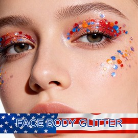 Face Body Glitter - Hair Glitter Sparkles Chunky, Temporary Tattoos Adult, Holographic Face Paint for Singer Concerts Disco Festival Rave, 50ml (Fourth of July Body Glitter)