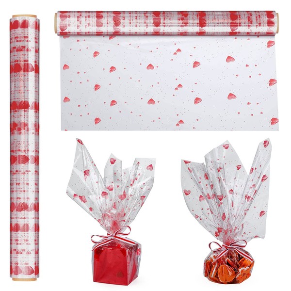 Wider Cellophane Wrap Roll Red Hearts Design(100 feet x 17.5