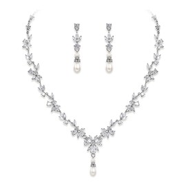 Crysdue Vintage Wedding Necklace Dangle Earrings Set for bride, Cubic Zirconia Simulate Pearl Flower Leaf Vine Jewelry Set for Wedding Prom Party