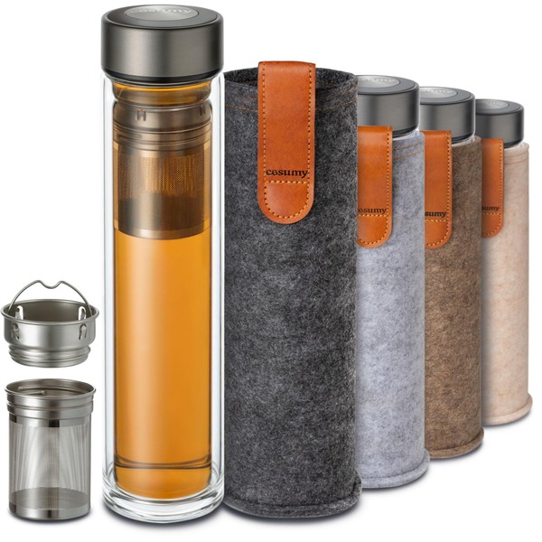 Cosumy Tea bottle with stainless steel strainer, double-walled glass, heat-resistant, 500 ml drinking bottle to go incl. felt bag.