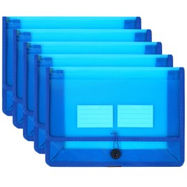 Eco-Friendly Plastic File Folders, 5 Pack Poly Expanding File Wallet, Expandable Envelope Organizer Document Folder with Elastic Band and Button Closure, with Small Two Pockets, Blue