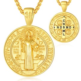 EUDORA 18K Gold Plated Sterling Silver St Benedict Medal San Benito Necklace for Women Men, Saint Benedict Amulet Pendant Christian Catholic Jewelry Gifts for Women Mens Brother Father, 22+2inch