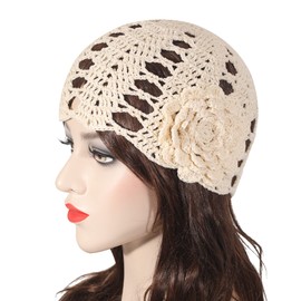 ZLYC Women's Girls Crochet Hat Handmade Beanie Hat Slouch Summer Knitted Hats, Beige Flower