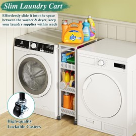 OKZEST Utility Slim Storage Cart, 4-Tier Narrow Bathroom Organizers and Storage Cart, Narrow Metal Kitchen Laundry Room Organization Shelf with Wood Top, Slim Rolling Carts with Wheels for Small Space