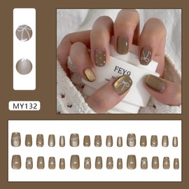 Coffee Press on Nails Short Square Fake Nails with Cat-Eyes Design Shiny Glitter Brown Glue on Nails Bling Bling Bows Stick on Nails Reusable Glossy Spring False Nails for Women Girls Manicure 24pcs
