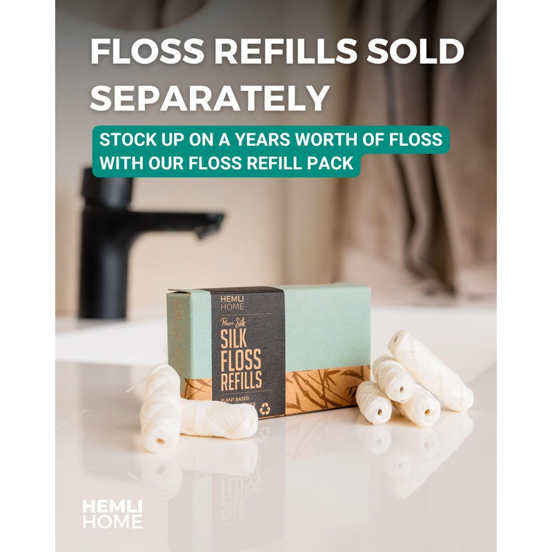 Biodegradable Silk Dental Floss with Refillable Glass Container, Compostable 3-Pack,