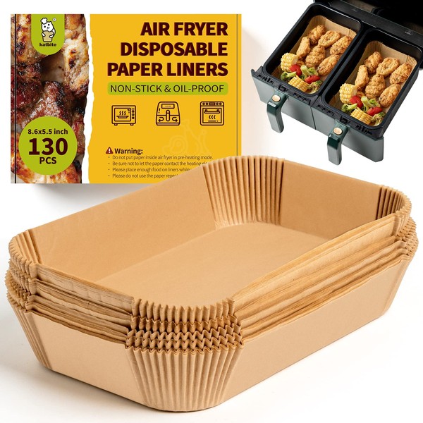 Katbite 130Pcs Air Fryer Liners, 8.6x5.5'' Rectangle Liners for Air Fryer Basket, Thick Air Fryer Parchment Paper Liners for Ninja Dual Air Fryer Foodi DZ201, DZ401, FG551 Sheets Liners
