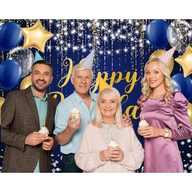 Blue Gold Happy Birthday Backdrop 10X8ft Gold Silver Glitter Birthday Photography Background Blue Happy Birthday Banner for Men Birthday Party Table Wall Decoration Photo Shoot Studio Props