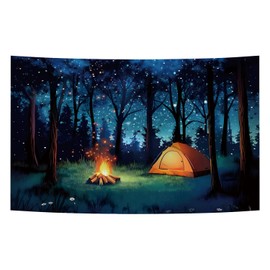 5X3FT Fabric Camping Backdrop Forest Scene Camping Party Background Travel Mountains Adventure Holiday Vacation Birthday Decoration Banner Night Stars Campfire Forest Photo Shoot Props