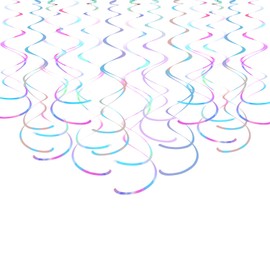 MISU Iridescent White Hanging Swirl Streamers - Sparkly Transparent Plastic Ceiling Decor for Kids Birthday Parties - Pack of 30