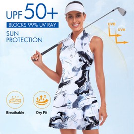 Viracy Tennis Dress for Women Golf Outfits Sleeveless Stand Collar Short Dresses with Pockets Zip Up Moisture Wicking for Workout Athletic Marble Print-M