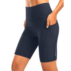 Pantalones cortos de ciclista de cintura alta para mujer, 8 pulgadas, para correr, entrenamiento, control de abdomen y elastano para mujer, bolsillos con cierre