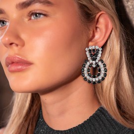 Flyonce Statement Drop Earrings, Black Rhinestone Crystal Geometric Statement Earrings for Women, Wedding Party Round Hoop Dangle Earrings for Brides Bridal Silver-Tone
