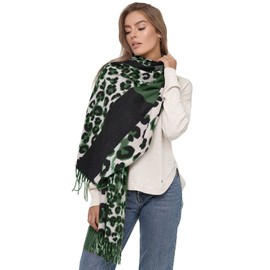 Glamexx24 Women's XXL Scarf Cuddly Warm Leopard Pattern 3 Coloured Fringe Poncho Scarf Oversized Blanket Scarf, Green, Black, Grey