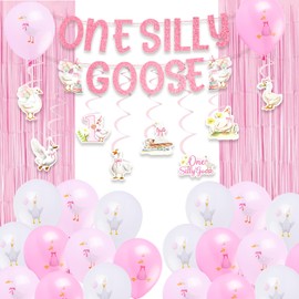 One Silly Goose Birthday Decor Girl One Silly Goose Banner Balloons Hanging Swirls Pink Foil Fringe Curtain Goose 1st Birthday Party Decorations Pink First Birthday Party Supplies Photo Props