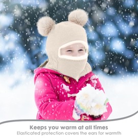 Casenly Children's Winter Hat, 3 in 1 Scarf Hat, Warm Scarf Hat, Cute Baby Slip-On Hat, Beanies, Hood with Double Pom Pom Windproof for Girls and Boys, beige