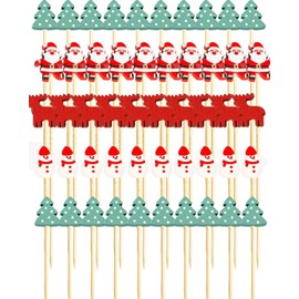 100PCS Christmas Cocktail Picks, 4.7 inch Christmas Toothpicks, Santa Claus Snowman Xmas Tree Elk Bamboo Charcuterie Skewers Fruit Food Appetizer for christmas Holiday Party Supplies Decorations